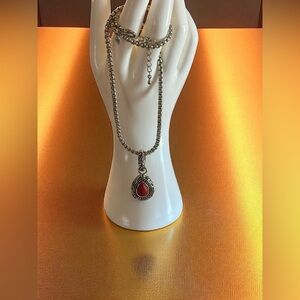 Premier Designs Teardrop Red Cabachon SilverTone Pendant Necklace 10”